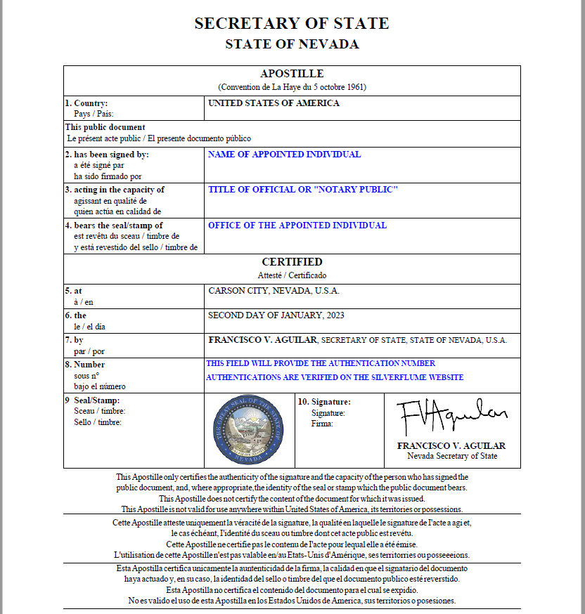 Apostille New Standard Sample